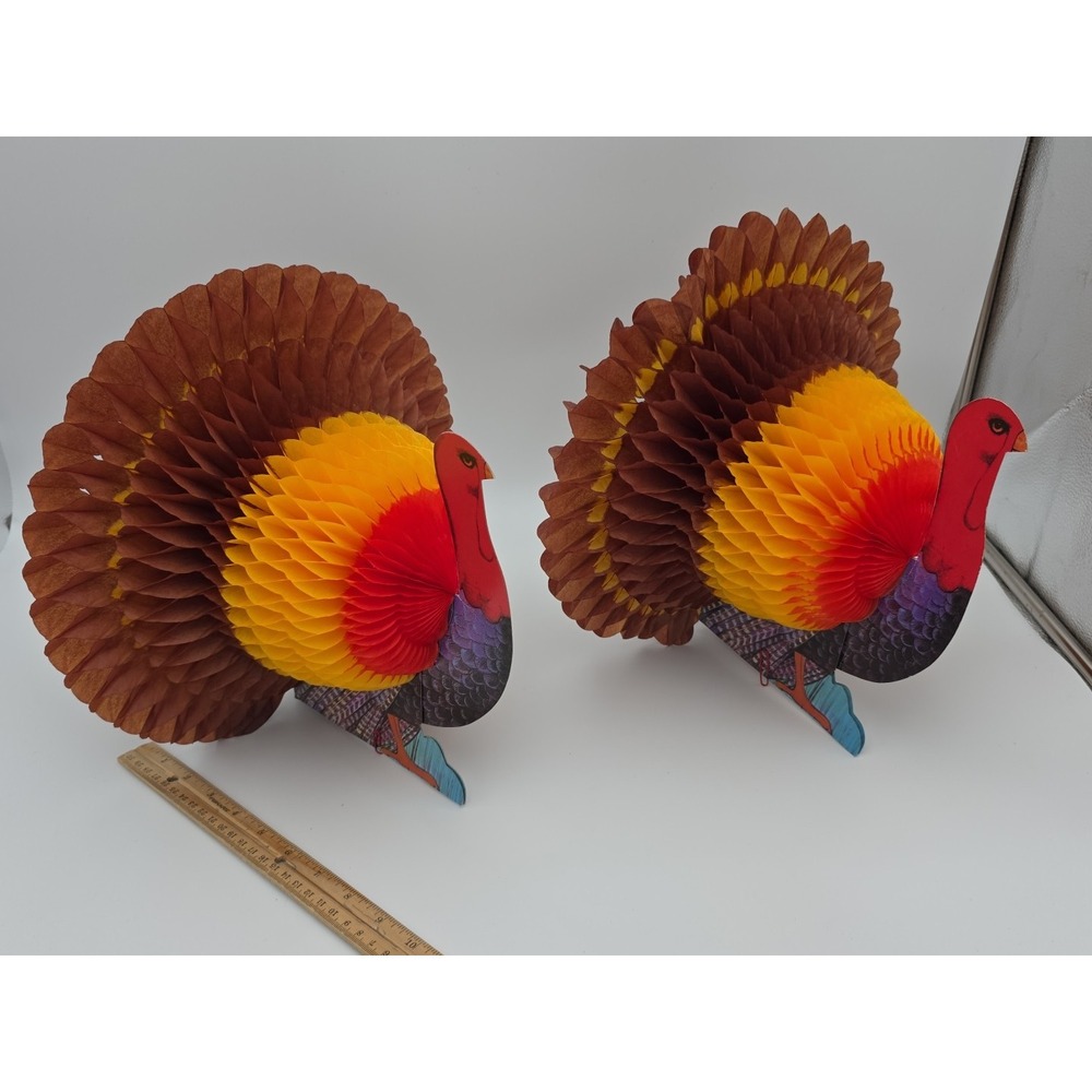 Vintage Amscan Thanksgiving Turkey (2) Honeycomb Fold Out Centerpiece - 9" x 12"